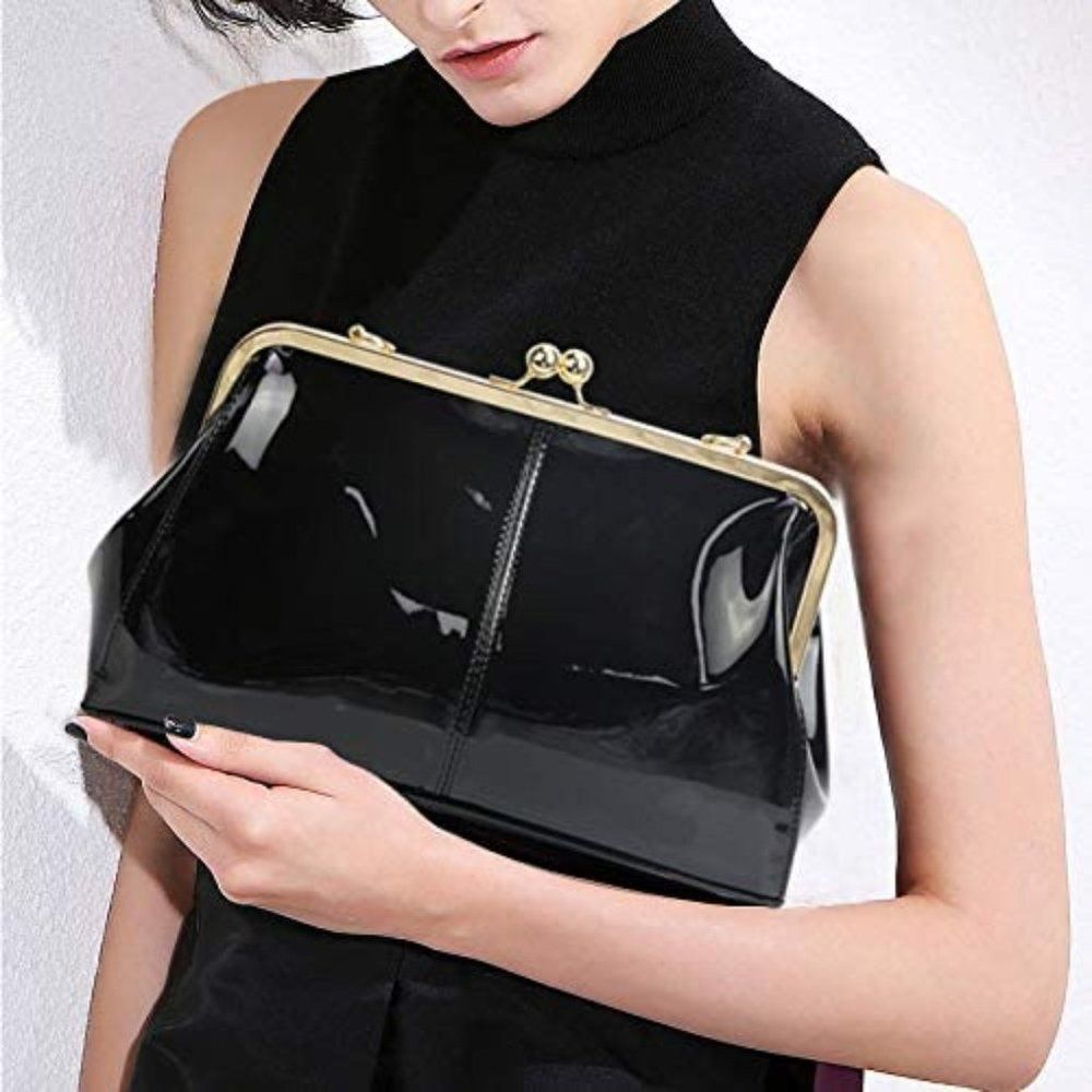 𝅺Shiny Patent Leather Purse with Two Straps for Women, Black